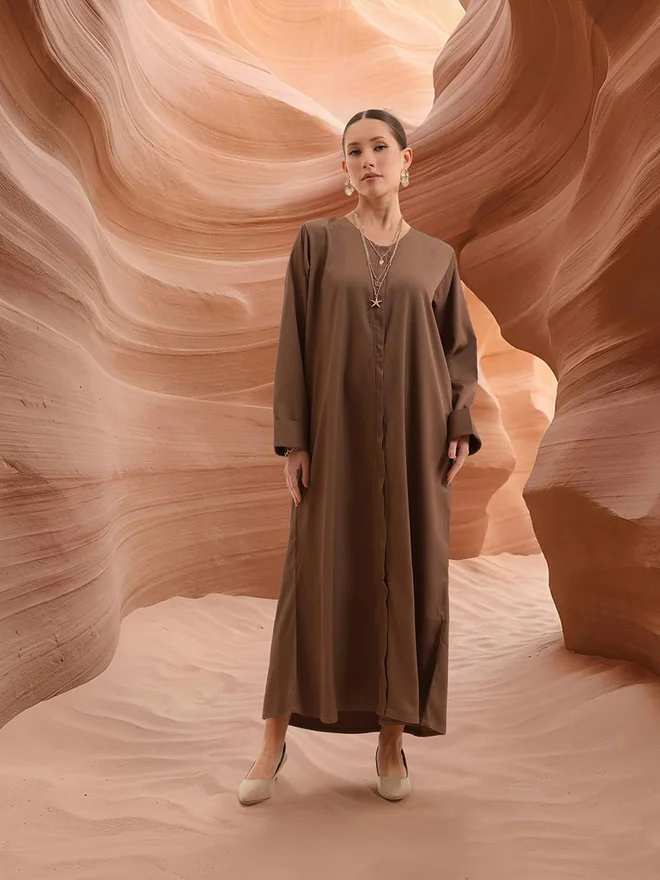 Ishin  ISHIN Brown Crinkle Cotton Regular Abaya with Hijab for Women | Best Price UAE